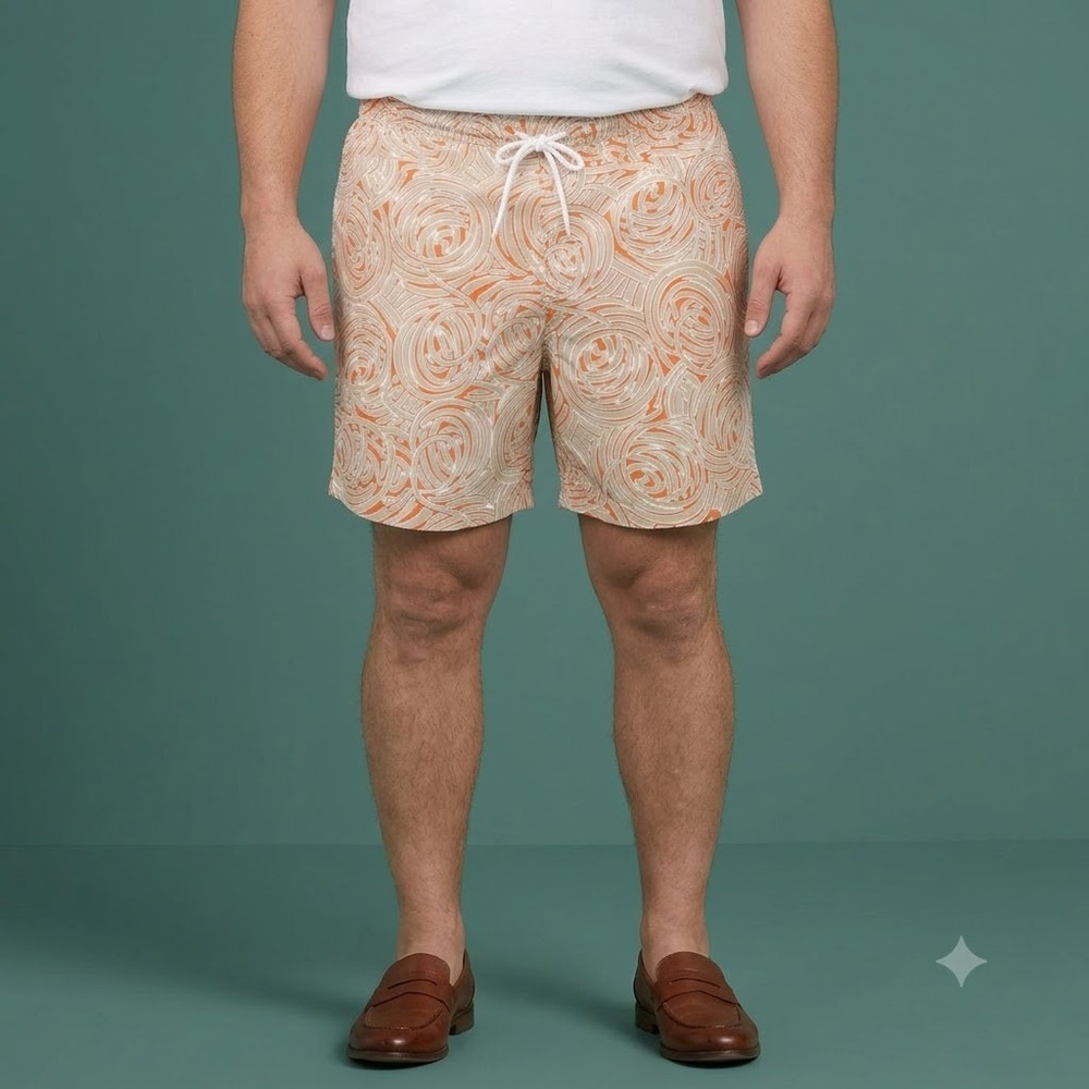 TailorByrd‎ Swim Trunks Men's XL Orange White Geometric Swirl Mesh Lined Shorts